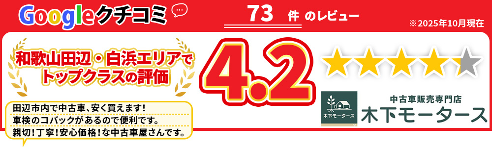 中古車販売専門店 木下モータース/Googleクチコミ 73件のレビュー/和歌山田辺・白浜エリアでトップクラスの評価/星4.2